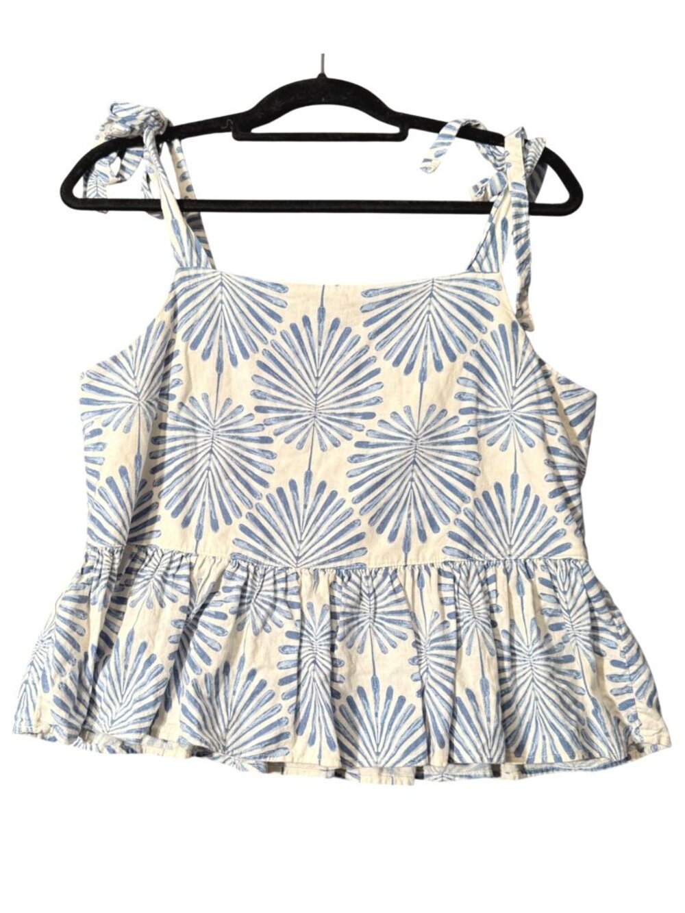 Joie Women's Peplum Top L White Blue Palm Print Linen Blend Tie Straps Ruffle